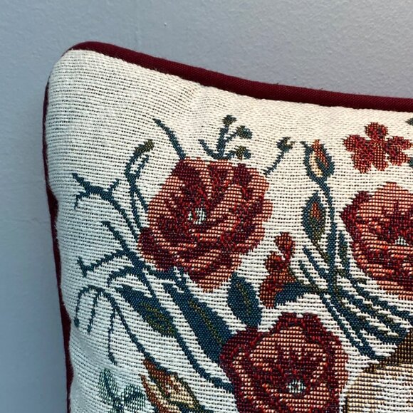 Rabbit & Floral Tapestry Throw Pillow Cover With Burgundy Trim 18x18 Inches - Picture 6 of 11